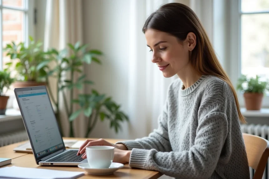 Femme utilisant un portail administratif en ligne sur ordinateur portable depuis son bureau à domicile