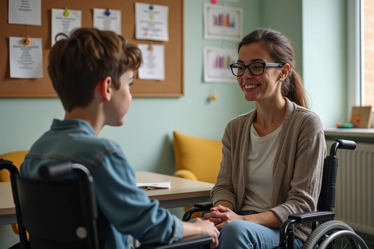 Conseillère scolaire aidant un élève en fauteuil