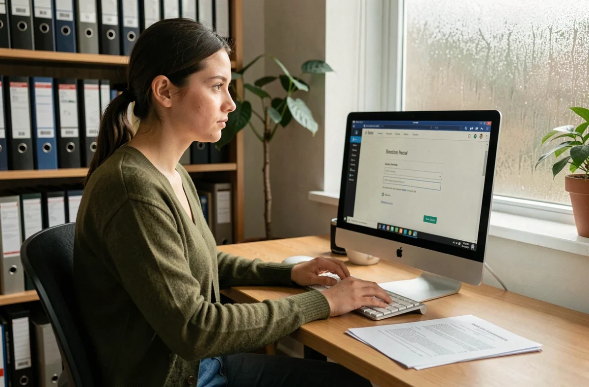 Jeune contractuelle de l'AC Strasbourg accédant à sa messagerie académique depuis son bureau à domicile