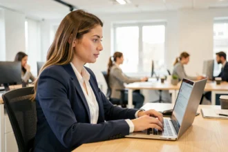 Contractuelle de l'Académie de Strasbourg consultant sa messagerie professionnelle sur un ordinateur portable dans un bureau moderne