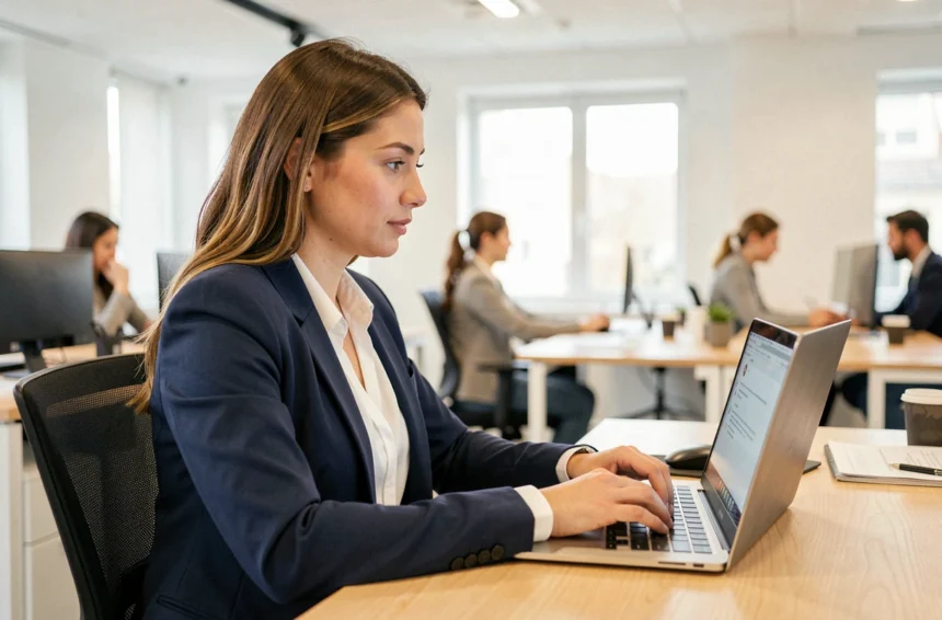 Contractuelle de l'Académie de Strasbourg consultant sa messagerie professionnelle sur un ordinateur portable dans un bureau moderne