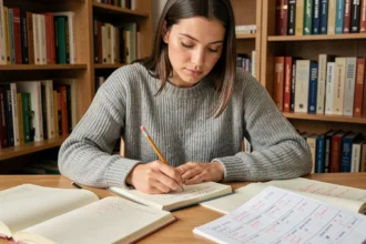 Jeune femme corrigeant des exercices de ponctuation dans un cahier ouvert sur un bureau en bois, entourée de manuels de grammaire