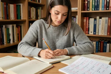 Jeune femme corrigeant des exercices de ponctuation dans un cahier ouvert sur un bureau en bois, entourée de manuels de grammaire