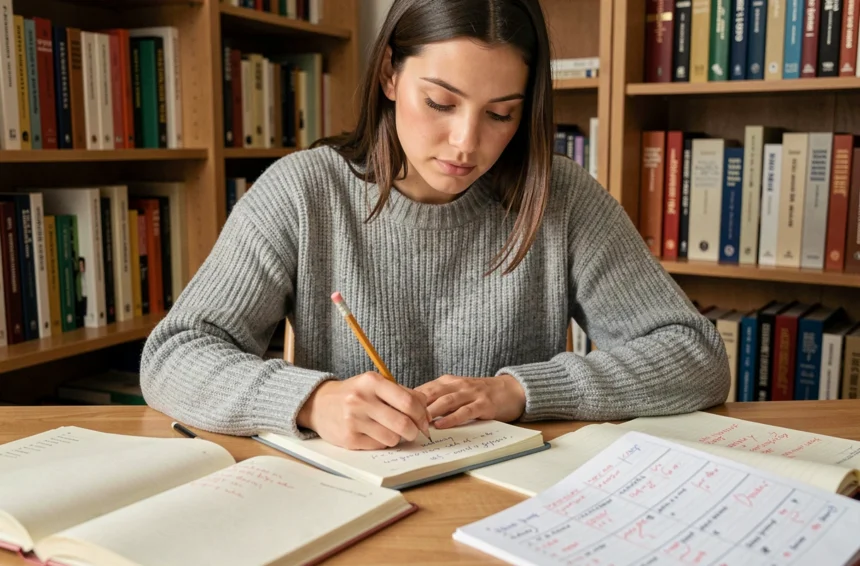 Jeune femme corrigeant des exercices de ponctuation dans un cahier ouvert sur un bureau en bois, entourée de manuels de grammaire