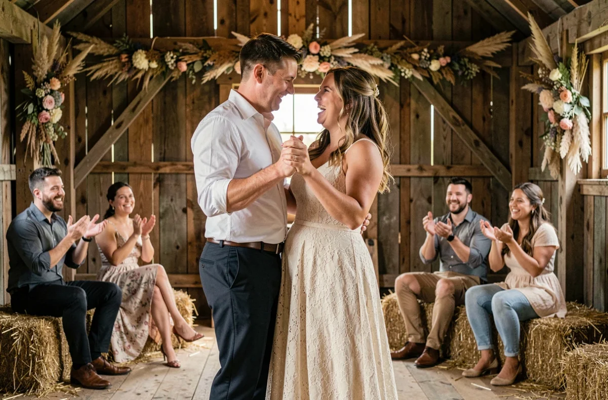 Couple répétant leur première danse de mariage dans une grange rustique entouré d'amis souriants
