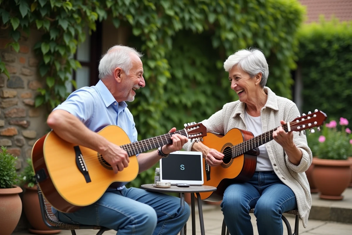 Couple de seniors apprenant la guitare ensemble en extérieur sur une terrasse, cours de guitare en ligne partagé sur tablette dans un jardin