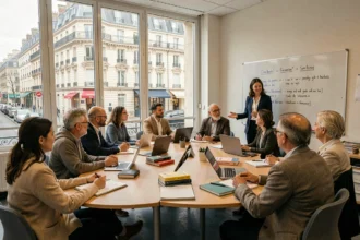 Groupe d'adultes suivant un cours d'anglais dans une salle de classe moderne à Paris avec vue sur des immeubles haussmanniens