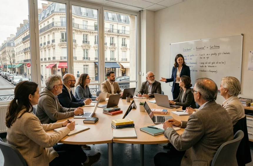 Groupe d'adultes suivant un cours d'anglais dans une salle de classe moderne à Paris avec vue sur des immeubles haussmanniens