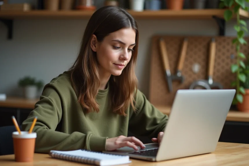Femme suivant un cours pratique de bricolage en ligne sur ordinateur portable dans un atelier maison organisé