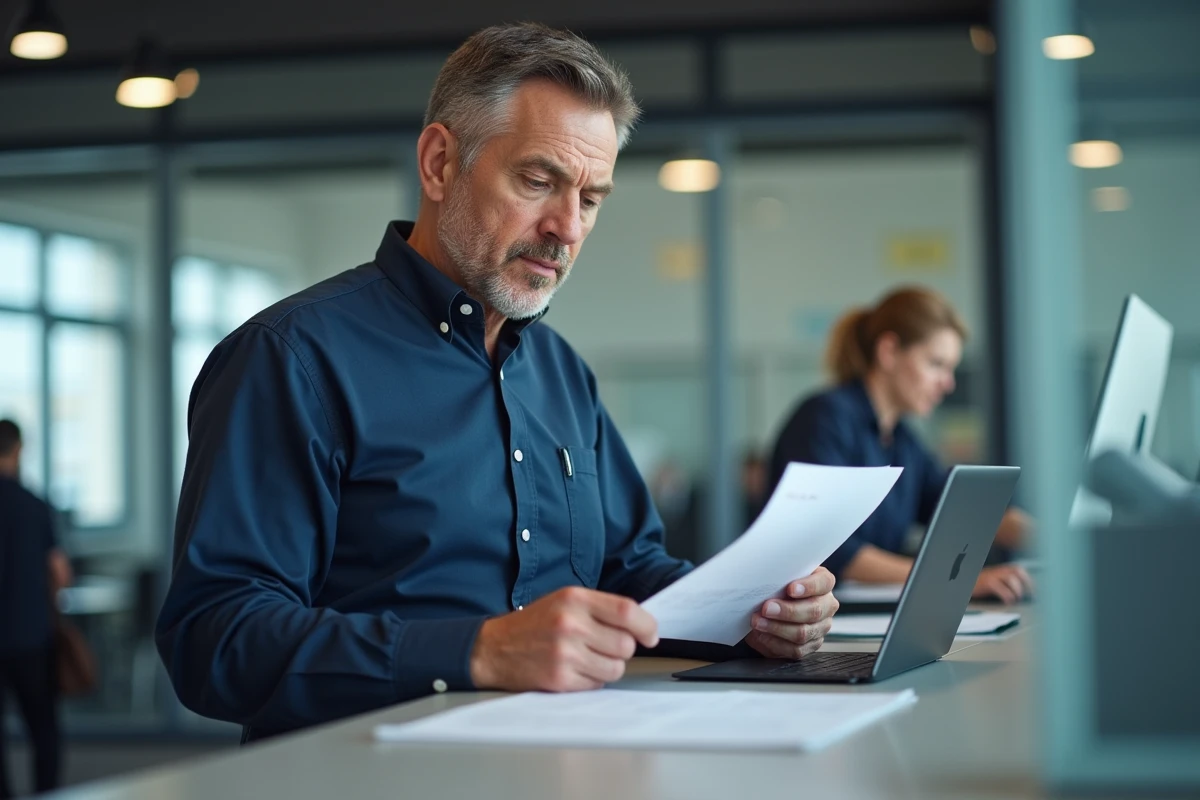 Homme consultant un document administratif et une tablette dans un espace de service public des Yvelines