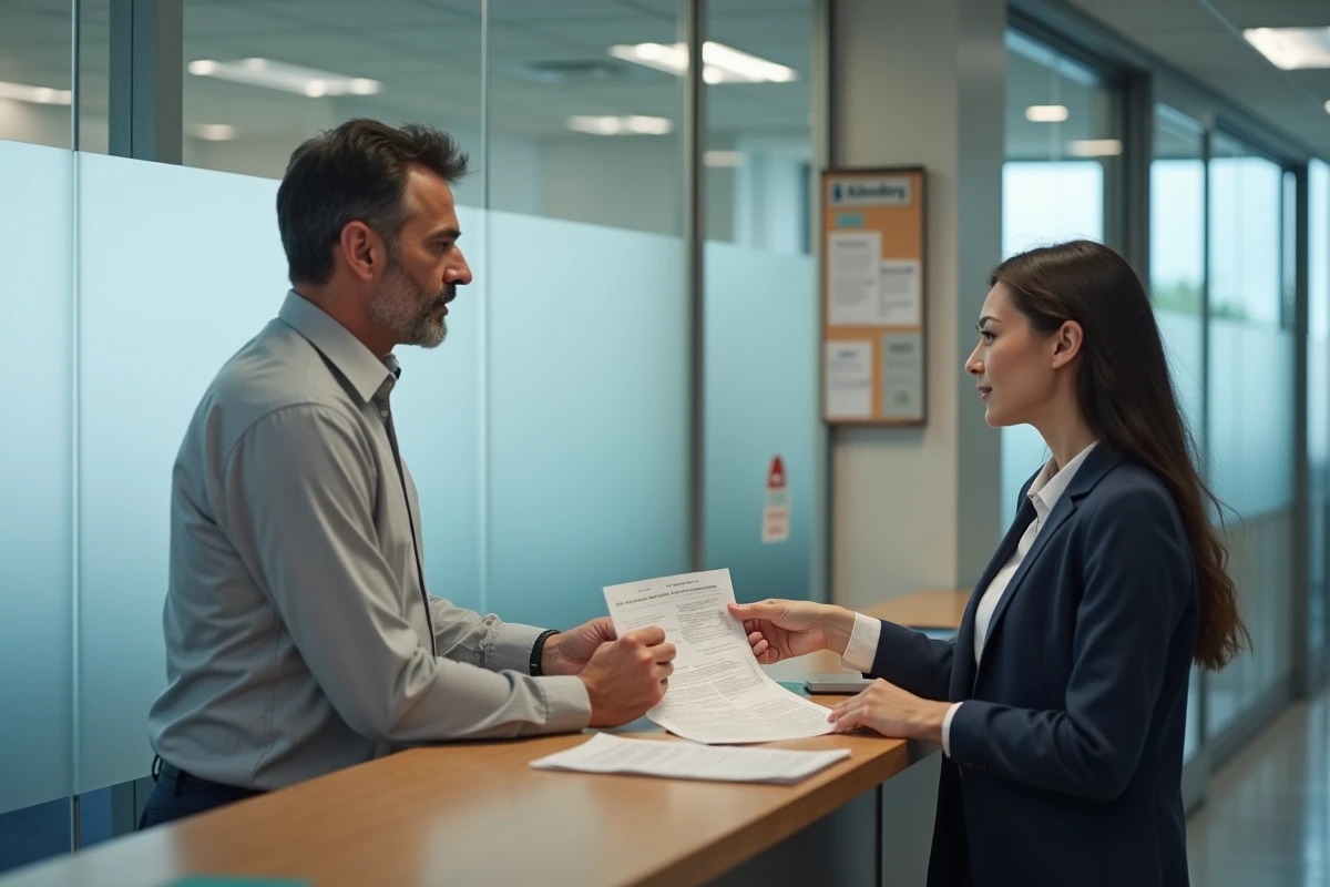 Homme remettant un formulaire de candidature signé à un agent administratif dans un bureau d'inscription pour un concours
