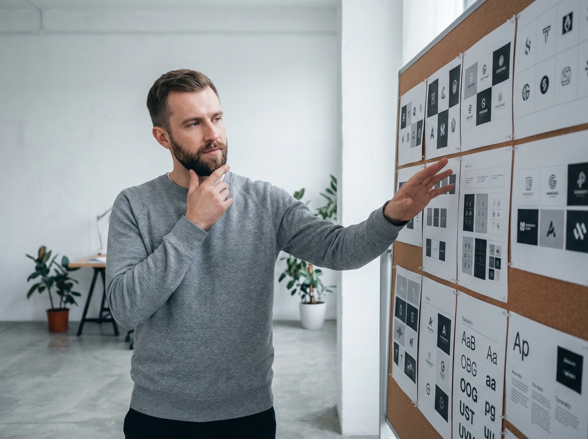 Designer graphique masculin évaluant les pages de son portfolio épinglées sur un tableau mural en studio