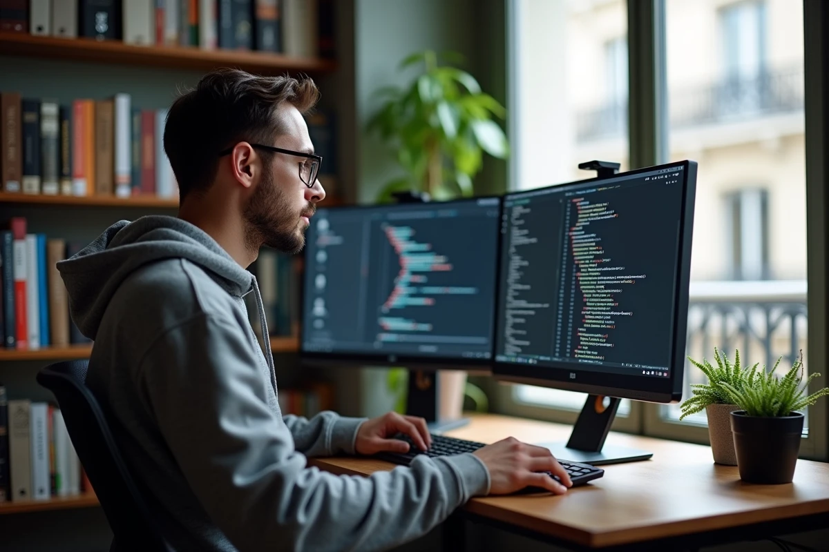 Développeur web en autoformation dans un appartement parisien devant un double écran affichant du code HTML et CSS