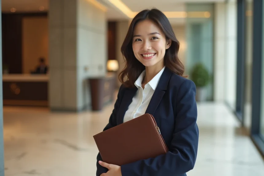 Jeune diplômée en BTS Tourisme tenant un portfolio dans le hall d'un hôtel moderne, prête pour son premier emploi
