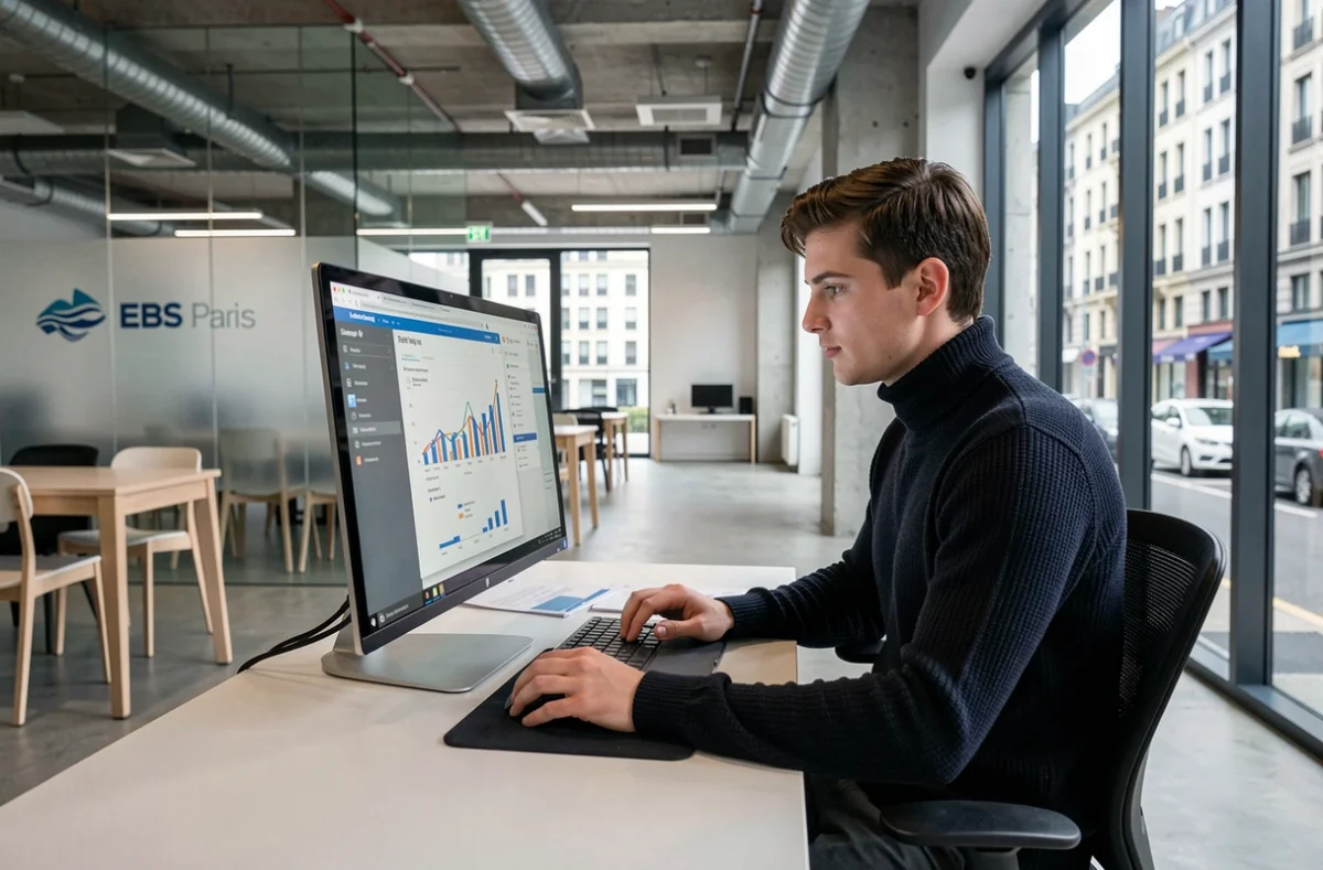 Étudiant travaillant sur un poste informatique moderne dans le campus bordelais de l'EBS Paris