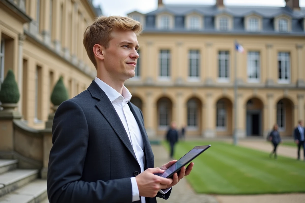 Étudiant de l'École polytechnique sur le campus historique tenant une tablette avec une interface d'apprentissage automatique