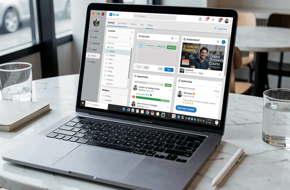 Écran d'ordinateur affichant un outil emailing avec workflow automatisé pour promouvoir des formations en ligne