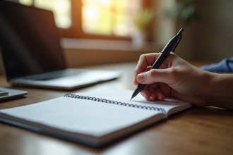 Main tenant un stylo au-dessus d'un carnet ouvert avec écriture claire à côté d'un ordinateur portable lumineux