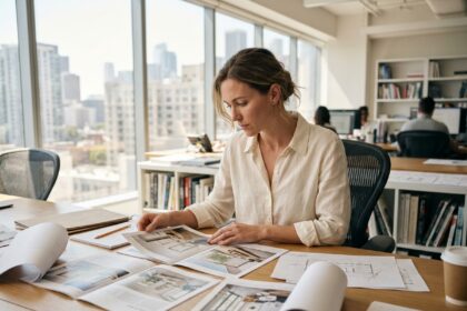 Éditrice professionnelle analysant des maquettes éditoriales sur son bureau en bois dans un bureau moderne avec vue sur la ville