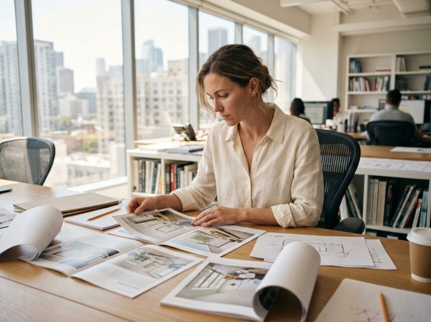 Éditrice professionnelle analysant des maquettes éditoriales sur son bureau en bois dans un bureau moderne avec vue sur la ville