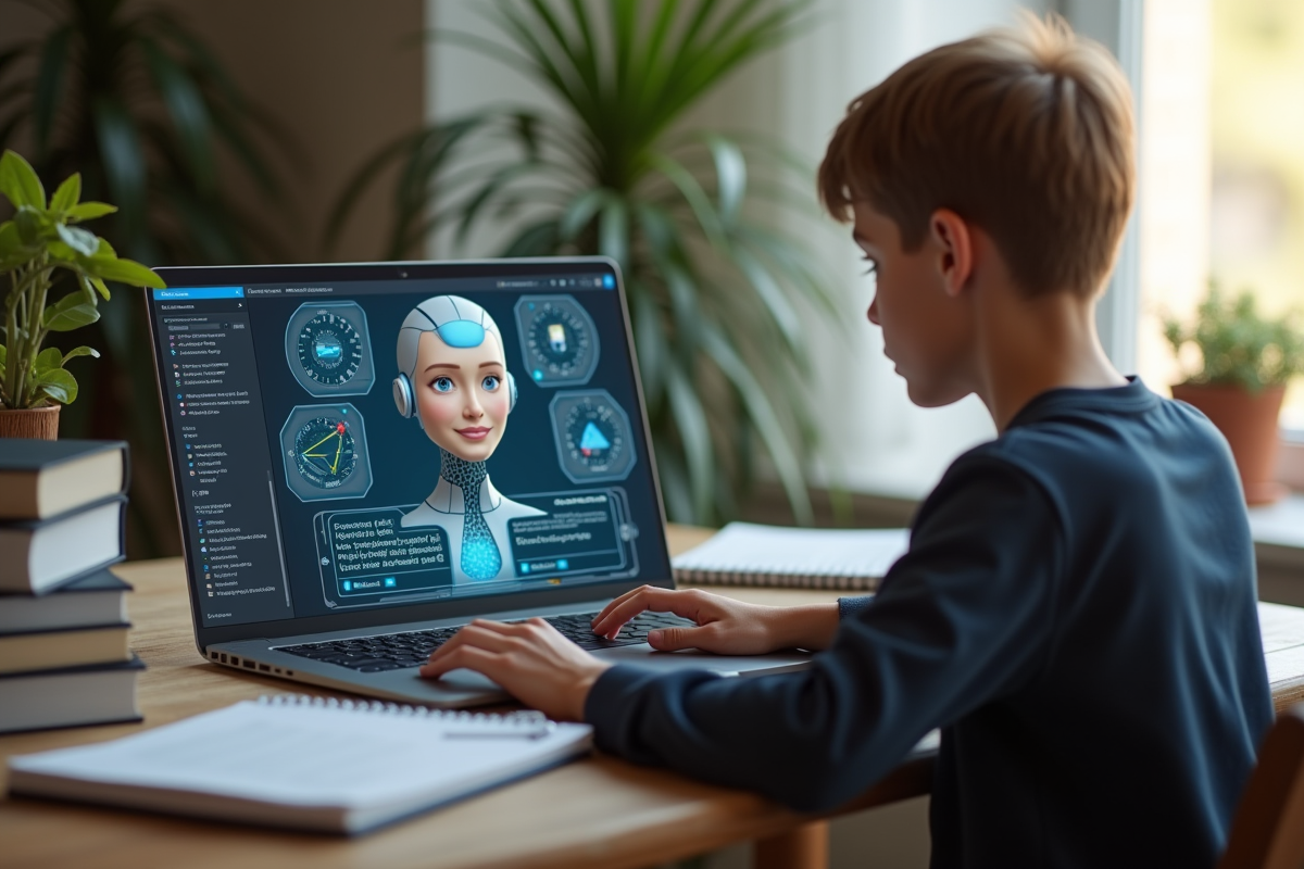 Étudiant travaillant sur ordinateur avec avatar AI à la maison