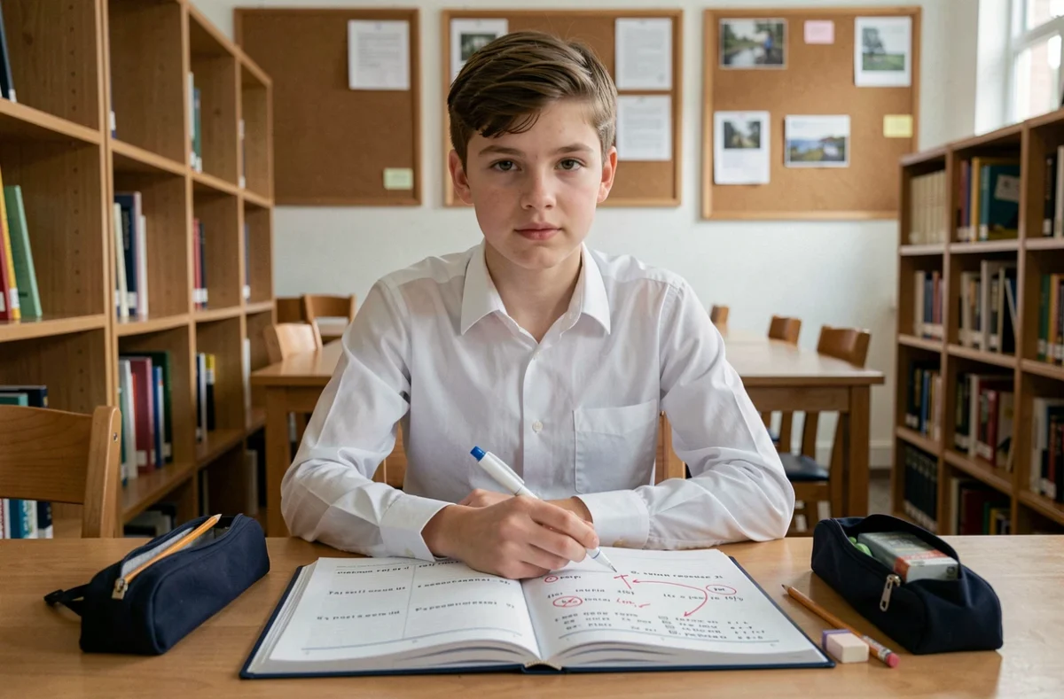 Élève lycéen révisant des exercices de ponctuation corrigés dans un cahier d'exercices ouvert à la bibliothèque scolaire