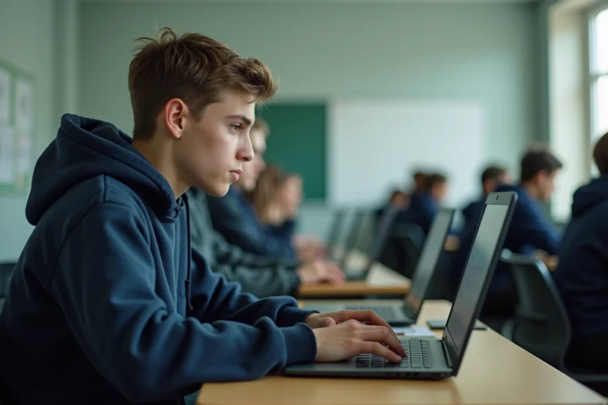 Élève de lycée sécurisant son compte ENT Auvergne sur un ordinateur portable en salle informatique