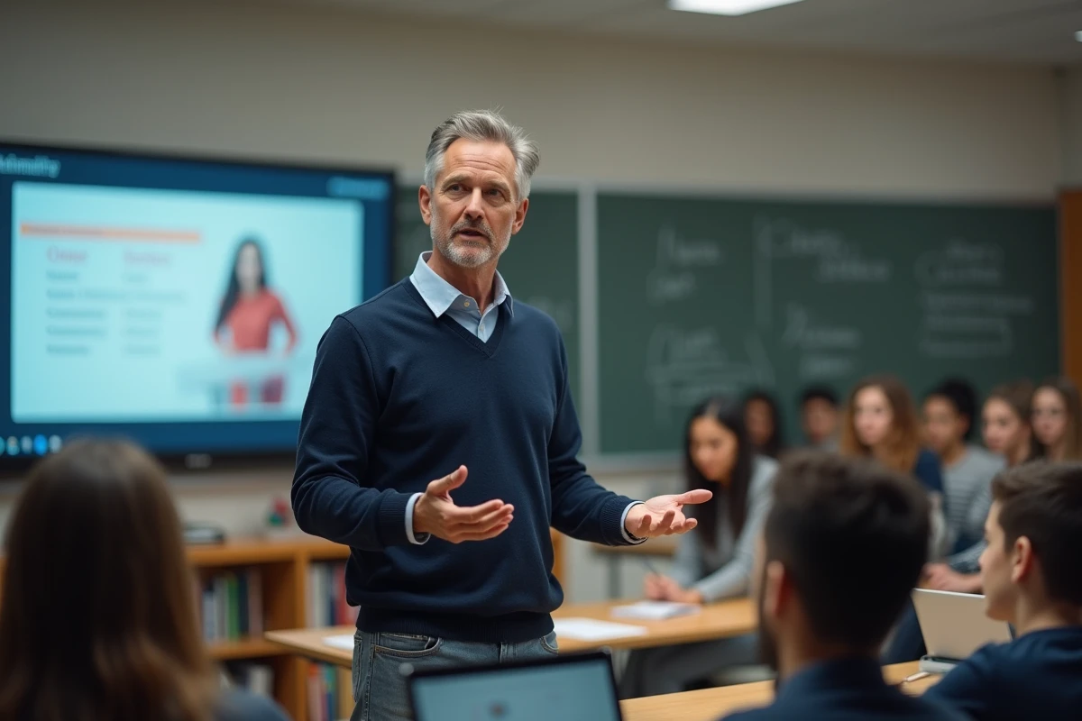 Professeur devant un écran interactif dans une classe moderne