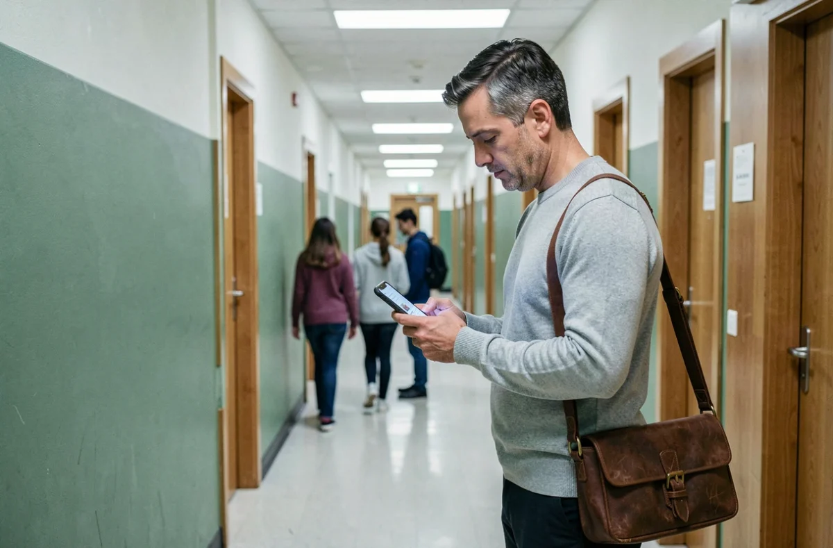 Enseignant contractuel de l'académie de Strasbourg vérifiant sa messagerie sur smartphone dans un couloir scolaire