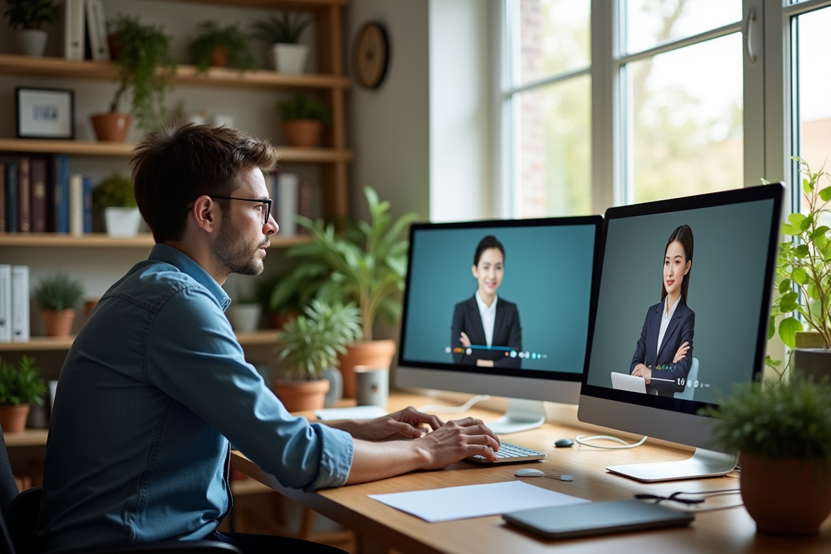Professeur donnant un cours en ligne depuis un bureau organisé avec Moodle