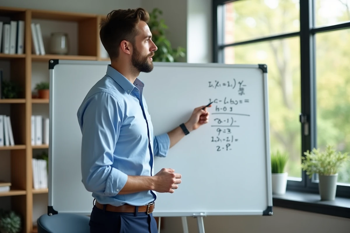 Enseignant expliquant des formules mathématiques au tableau