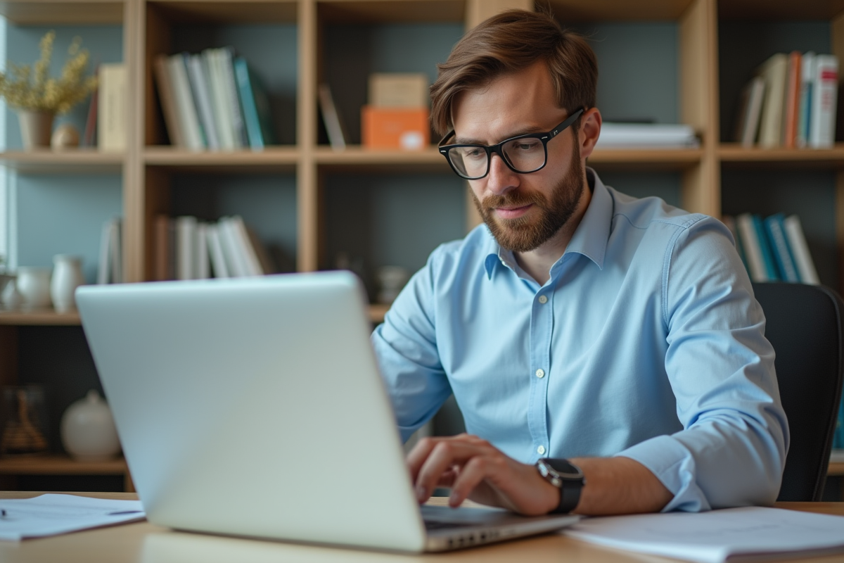 Enseignant homme utilisant un ordinateur dans un bureau moderne