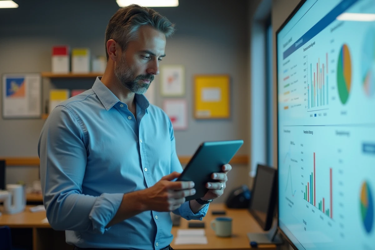 Professeur vérifiant un tableau blanc numérique en salle de repos