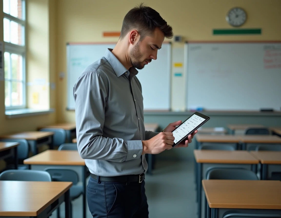 Enseignant consultant un carnet de notes numérique sur tablette dans une salle de classe vide