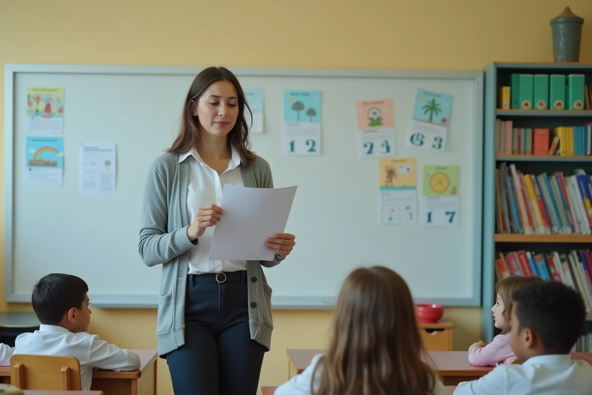 Enseignante de primaire lisant une dictée à voix haute devant ses élèves de cycle 3