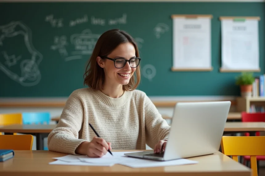 Femme en classe utilisant un ordinateur portable et une tablette