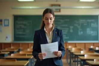 Enseignante consultant un document administratif dans une salle de classe vide, illustrant la fin du Pacte enseignant 2026