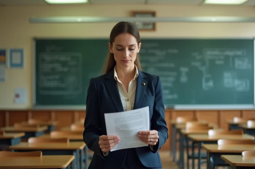 Enseignante consultant un document administratif dans une salle de classe vide, illustrant la fin du Pacte enseignant 2026
