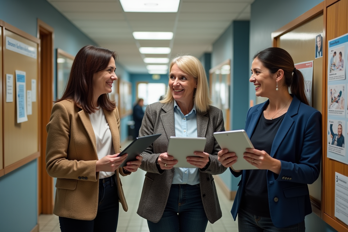 Trois enseignants discutant dans un couloir scolaire avec tablettes