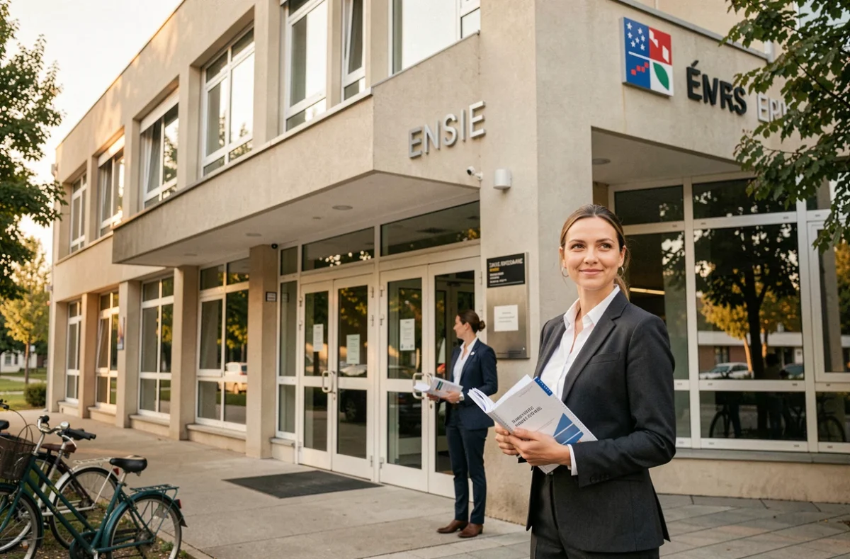 Façade de l'ENSIIE à Évry avec une professeure devant l'entrée de l'école d'ingénieurs informatique