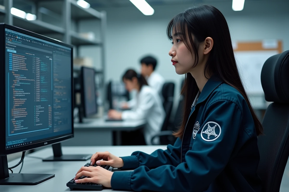 Étudiante de l'ENSTA Paris travaillant sur un logiciel de simulation en ingénierie système dans un laboratoire technique moderne