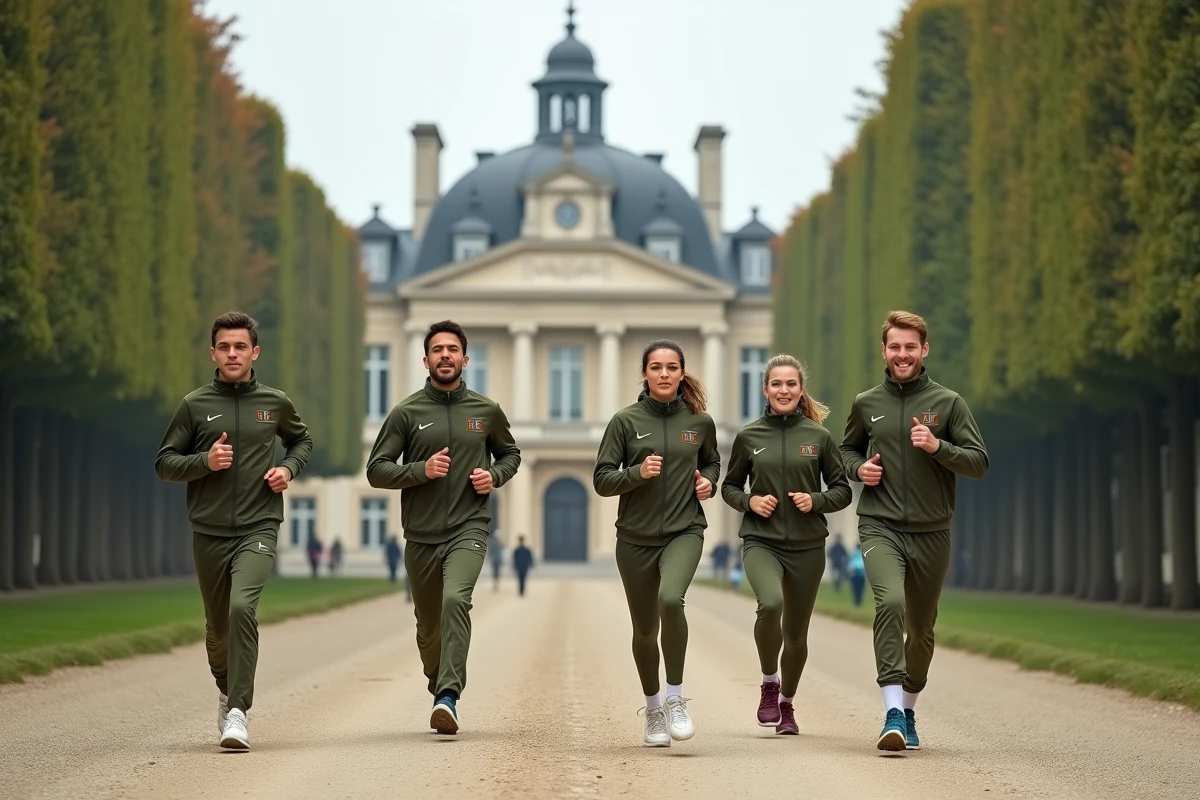 Groupe de candidats en tenue sportive militaire s'entraînant sur le campus d'une grande école militaire française