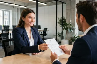 Jeune candidate en entretien d'embauche pour une alternance en marketing digital dans un bureau moderne à Paris