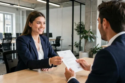 Jeune candidate en entretien d'embauche pour une alternance en marketing digital dans un bureau moderne à Paris