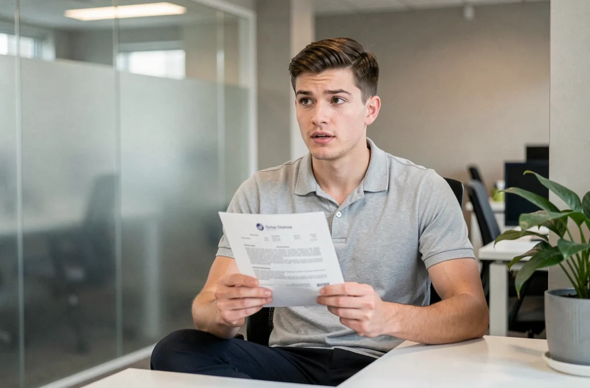 Jeune homme en entretien d'embauche pour un emploi sans diplôme ni expérience, tenant un CV
