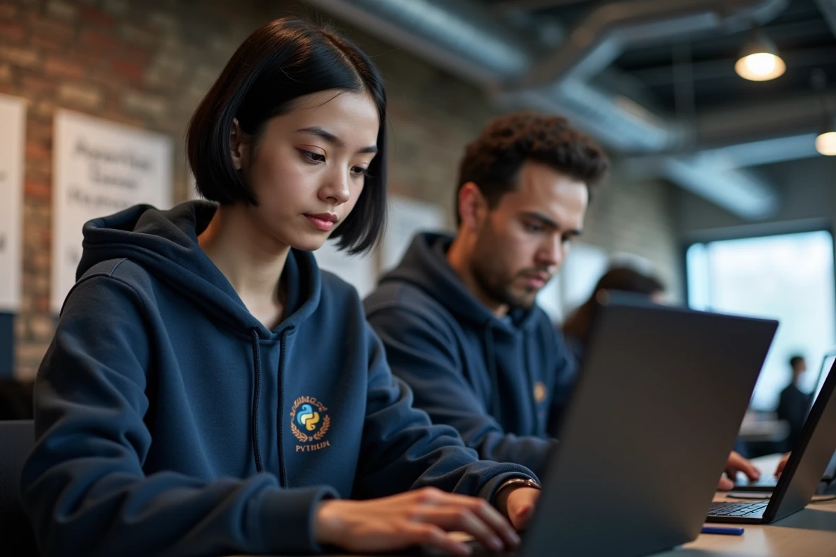 Étudiante de l'EPITA concentrée sur son code Python dans un espace de travail informatique moderne à Paris