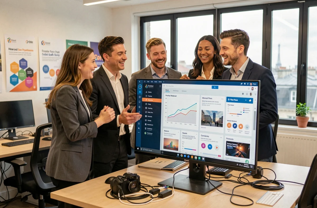 Groupe d'alternants en marketing digital fêtant leur embauche dans une agence parisienne moderne