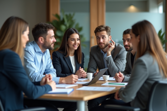 Groupe d'employes en reunion dans un bureau moderne