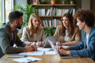 Groupe de quatre professionnels en réunion dans un bureau moderne