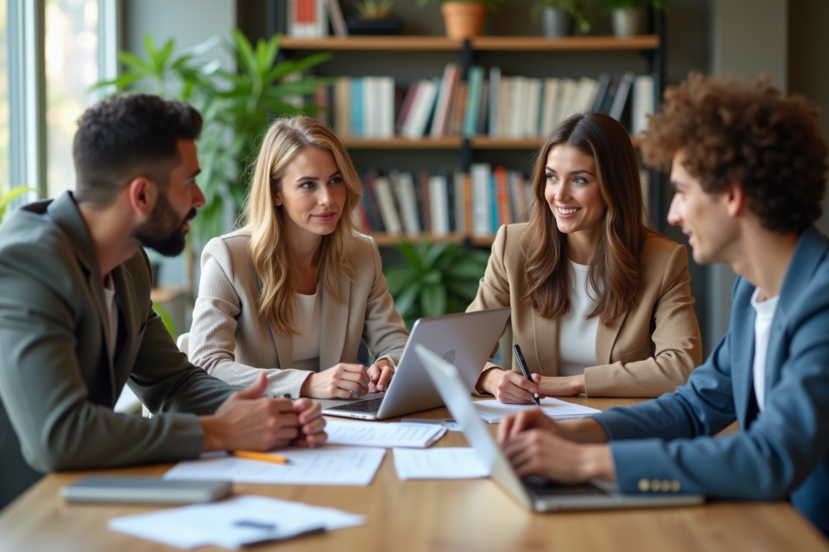 Groupe de quatre professionnels en réunion dans un bureau moderne